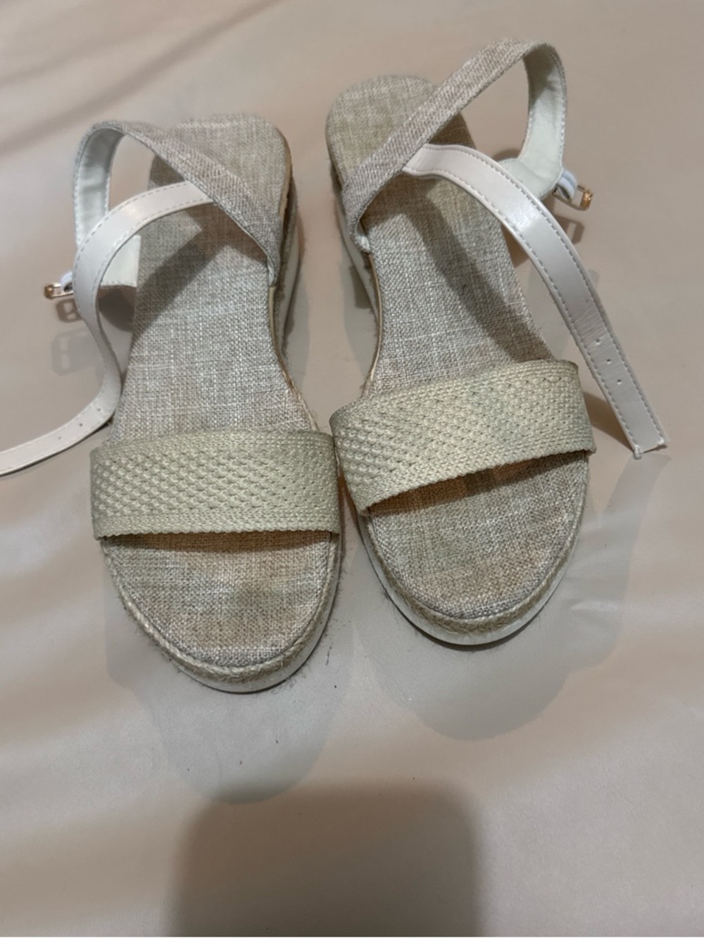 Neutral Espadrille Wedge Sandals with White Ankle Strap